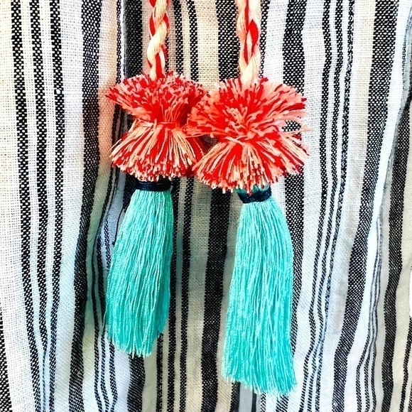 J.Jill Love Linen Boho Striped Embroidered Peasant Top with Tassels 3/4 Sleeve M - Picture 14 of 16
